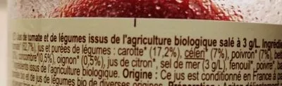 Lista de ingredientes del producto Jus de tomate et de légumes Carrefour bio, Carrefour 75 cl