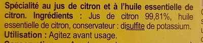 Lista de ingredientes del producto Spécialité au Jus de Citron Carrefour 115 ml e