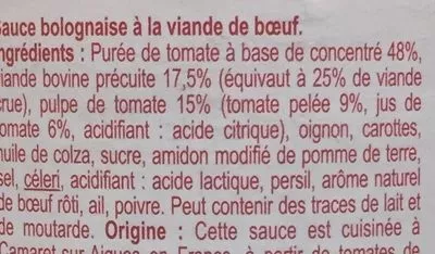 Lista de ingredientes del producto Sauce Bolognaise + de viande Carrefour 780 g