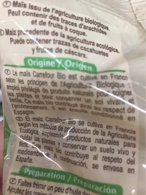 Lista de ingredientes del producto Maïs pour pop corn Carrefour bio 