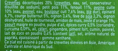 Lista de ingredientes del producto Crevettes Légumes et duo Avoine Boulgour Carrefour 300 g e