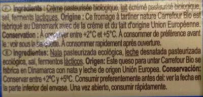 Lista de ingredientes del producto Fromage à tartiner nature Carrefour Bio 2010 g