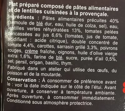 Lista de ingredientes del producto Pâtes et lentilles à la provençale Carrefour 