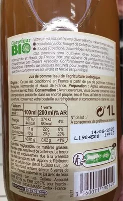 Lista de ingredientes del producto Jus de pomme de france bio Carrefour Bio, Carrefour, Les Celliers Associés 