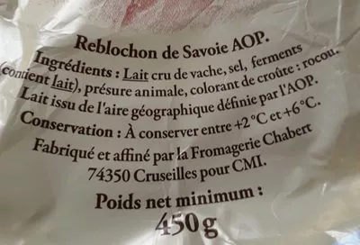 Lista de ingredientes del producto Reblochon de Savoie APP au lait cru Reflets de France 450 g