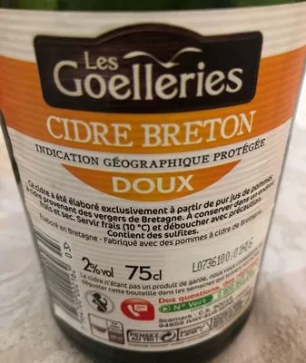 Lista de ingredientes del producto Cidre bouché breton doux 2 % Les Goelleries, Marque Repere 75 cl