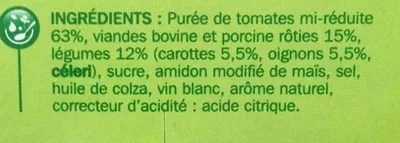 Lista de ingredientes del producto Sauce tomate italienne à la viande x 2 Turini, Marque Repère 190 g