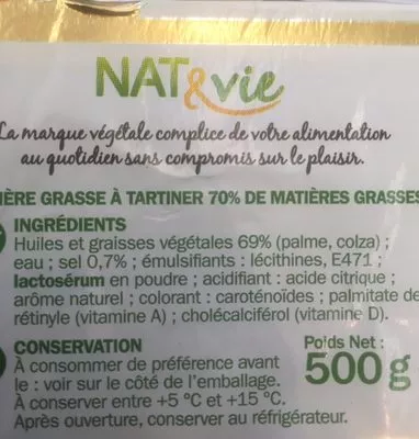 Lista de ingredientes del producto Matière grasse tartine et cuisson 70% Marque Repère, Nadya,  Nat&Vie 500 g