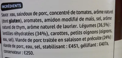 Lista de ingredientes del producto Petit Salé aux lentilles Côté Table, Marque Repère 420 g