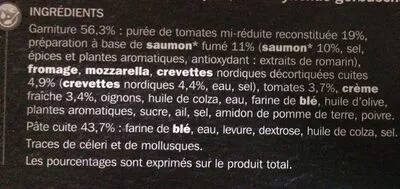 Lista de ingredientes del producto Pizza saumon crevette Turini, Marque Repère 400 g