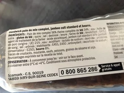 Lista de ingredientes del producto Sandwich jambon beurre Côté Snack,  Marque Repère 125 g