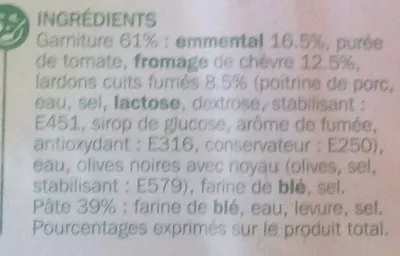 Lista de ingredientes del producto Pizza fraiche chevre lardons Marque Repère, Turini 450 g