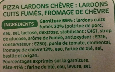 Lista de ingredientes del producto Pizza lardons et chèvre Turini, Marque Repère 200 g