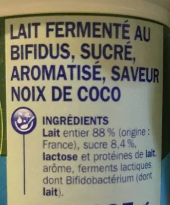 Lista de ingredientes del producto Lait fermenté Actifidus saveur noix de coco Délisse, Marque Repère 4 x 125 g