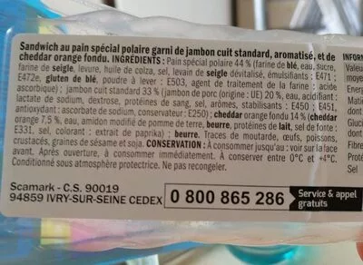 Lista de ingredientes del producto Sandwich polaire jambon-cheddar Côté Snack, Marque Repère 135 g