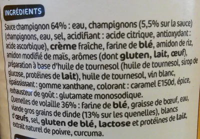 Lista de ingredientes del producto Quenelles de volaille sauce champignon Côté Table, Marque Repère 400 g