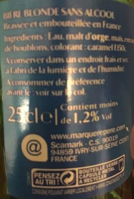 Lista de ingredientes del producto Bière sans alcool pur malt Falsbourg,  Marque Repère 6 x 25 cl