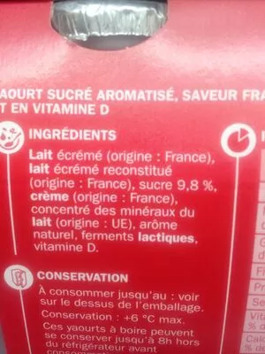 Lista de ingredientes del producto Yaourts à boire saveur fraise Délisse, Marque Repère 4 x 100 g