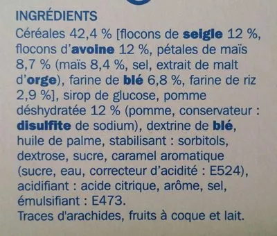 Lista de ingredientes del producto Barres céréales pomme verte Brin de Jour,  Marque Repère 125 g