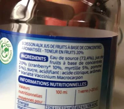 Lista de ingredientes del producto Boisson cranberry myrtille Jafaden, Marque Repère 1 l