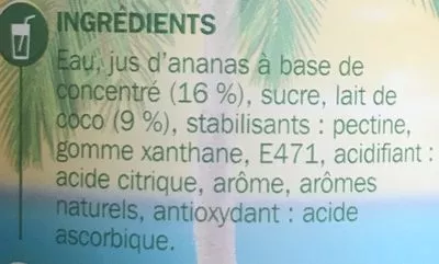 Lista de ingredientes del producto Cocktail sans alcool pina colada Jafaden, Marque Repère 1 l