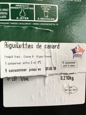 Lista de ingredientes del producto Les aiguillettes de canard Volandry, Marque Repère 210 g