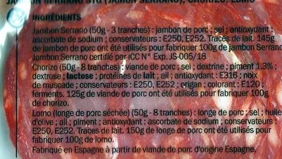 Lista de ingredientes del producto Assiette de de charcuterie espagnole Saint-Azay, Marque Repère 150 g