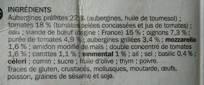 Lista de ingredientes del producto Moussaka boeuf Côté Table, Marque Repère 300 g