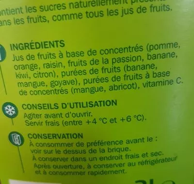 Lista de ingredientes del producto Jus multifruits partiellement à base de concentré Jafaden, Marque Repère 2 l