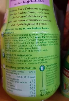 Lista de ingredientes del producto Sauce carbonara Marque Repère,  Turini 420 g