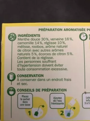 Lista de ingredientes del producto Infusion après repas saveur citron x 25 sachets Tiséa, Marque Repère 37,5 g