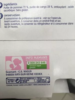 Lista de ingredientes del producto Compote pomme coing Mots d'Enfants, Marque Repère 