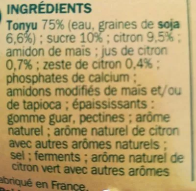 Lista de ingredientes del producto Spécialité au soja citron Nat & Vie, Marque Repère 4 x 100 g