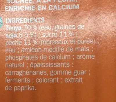 Lista de ingredientes del producto Spécialité au soja pêche Nat&Vie, Marque Repère 4 x 100 g