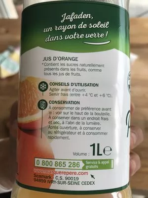 Lista de ingredientes del producto Pur jus d'orange Jafaden, Marque Repère 1 l