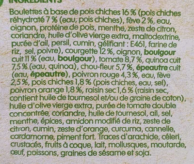 Lista de ingredientes del producto Falafels quinoa et mélange de légumes Marque repère 600g