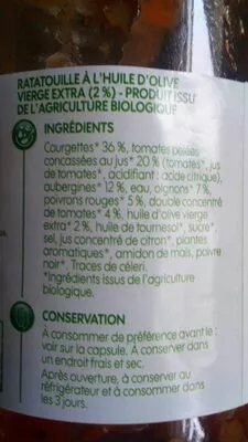 Lista de ingredientes del producto Ratatouille à la provençale bio Bio Village, Marque Repère 650 g