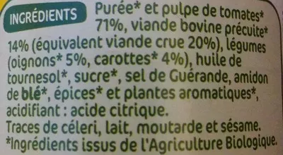 Lista de ingredientes del producto Sauce bolognaise bio Bio Village, Marque Repère 200 g