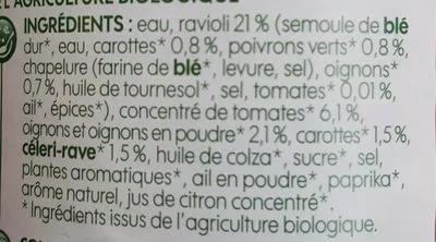 Lista de ingredientes del producto Ravioli aux légumes bio Bio Village, Marque Repère, Marque Repère 700 g