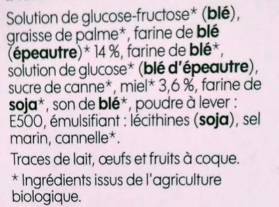 Lista de ingredientes del producto Gaufres au miel à la farine d'épeautre Bio Village, Marque Repère, Leclerc 175 g