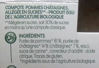 Lista de ingredientes del producto Compote pomme châtaigne bio x 4 Bio Village, Marque Repère 400 g