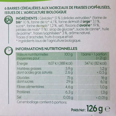 Lista de ingredientes del producto Barres céréales bio fraise x 6 Bio Village, Marque Repère 125 g