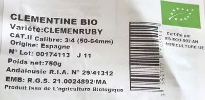 Lista de ingredientes del producto Clementines à déguster Bio Village, Marque Repère 750 g