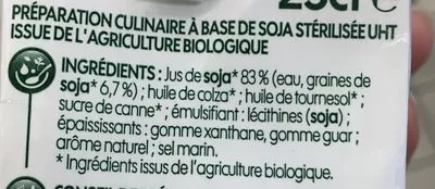 Lista de ingredientes del producto Crème végétale fluide au soja bio Bio Village, Marque Repère 25 cl