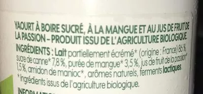 Lista de ingredientes del producto Yaourt à boire bio à la mangue passion Bio Village, Marque Repère 250 g