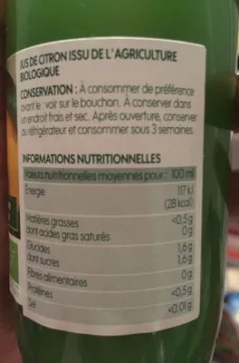 Lista de ingredientes del producto Pur jus citron de Sicile bio Bio Village, Marque Repère 25 cl