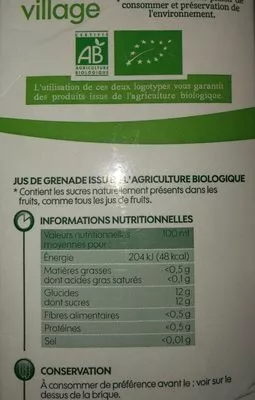 Lista de ingredientes del producto Pur jus de grenade bio Bio Village, Marque Repère, E.Leclerc 1 l