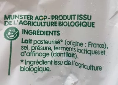 Lista de ingredientes del producto Petit munster bio A.O.P. 27% Mat. Gr. Bio Village, Marque Repère 220 g