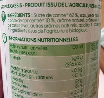 Lista de ingredientes del producto Sirop cassis bio bidon Bio Village,  Marque Repère 60 cl