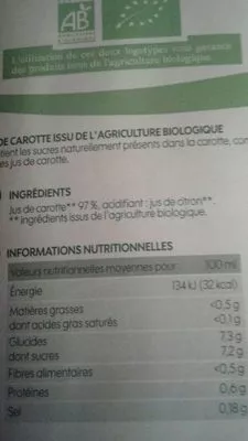 Lista de ingredientes del producto 100% pur jus de carottes Bio Village, Marque Repère 